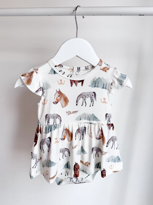 Ruffle Skirted Short Sleeve Onesie- Mountain Trails