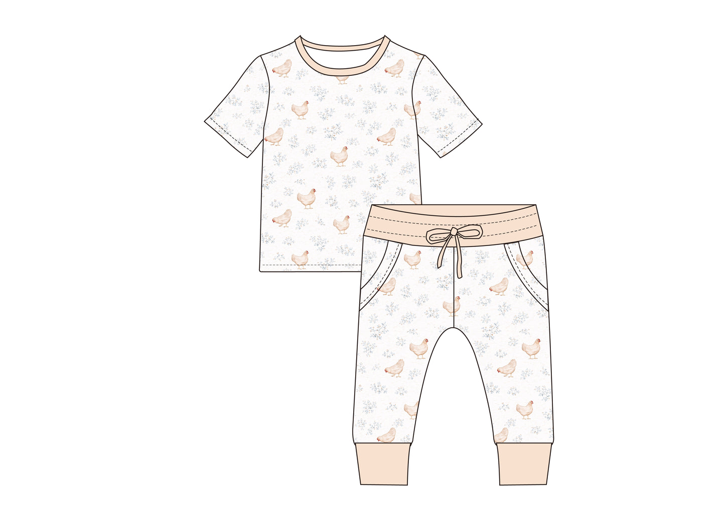 Children's pajama set with chicken pattern on a white background