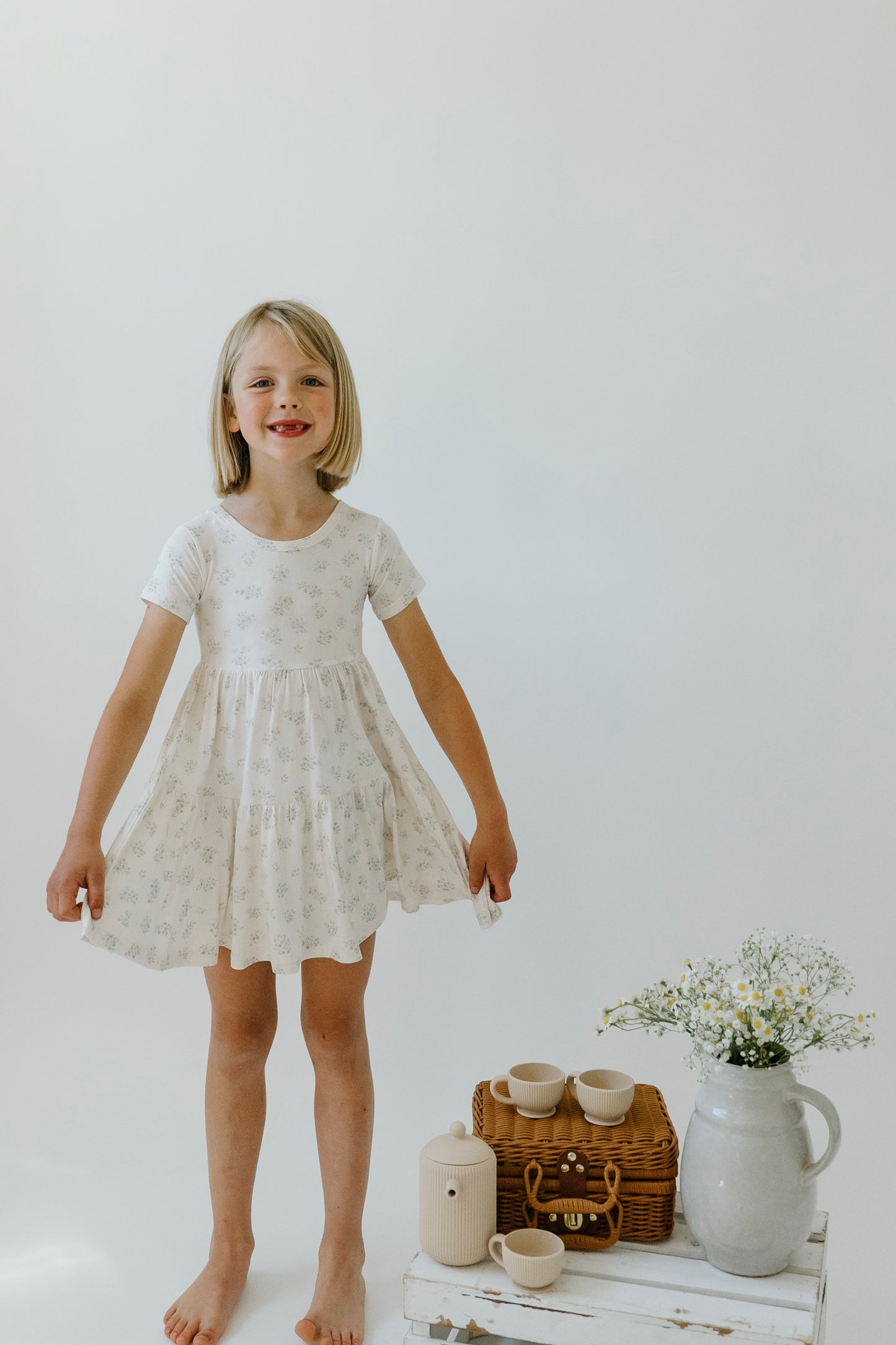 Short Sleeve Twirl Dress- Vintage Meadow