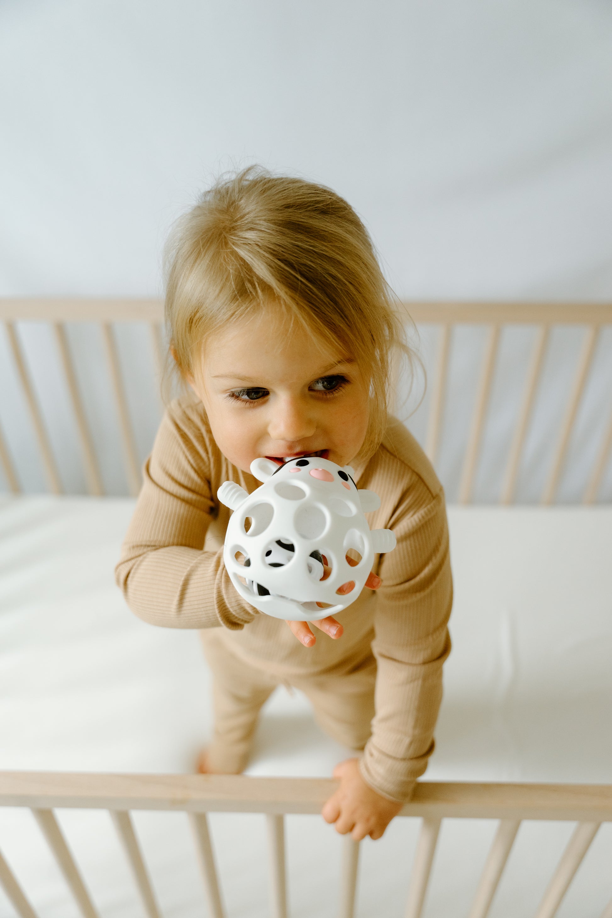 baby holding Millie the Cow silicone teether sensory toy
