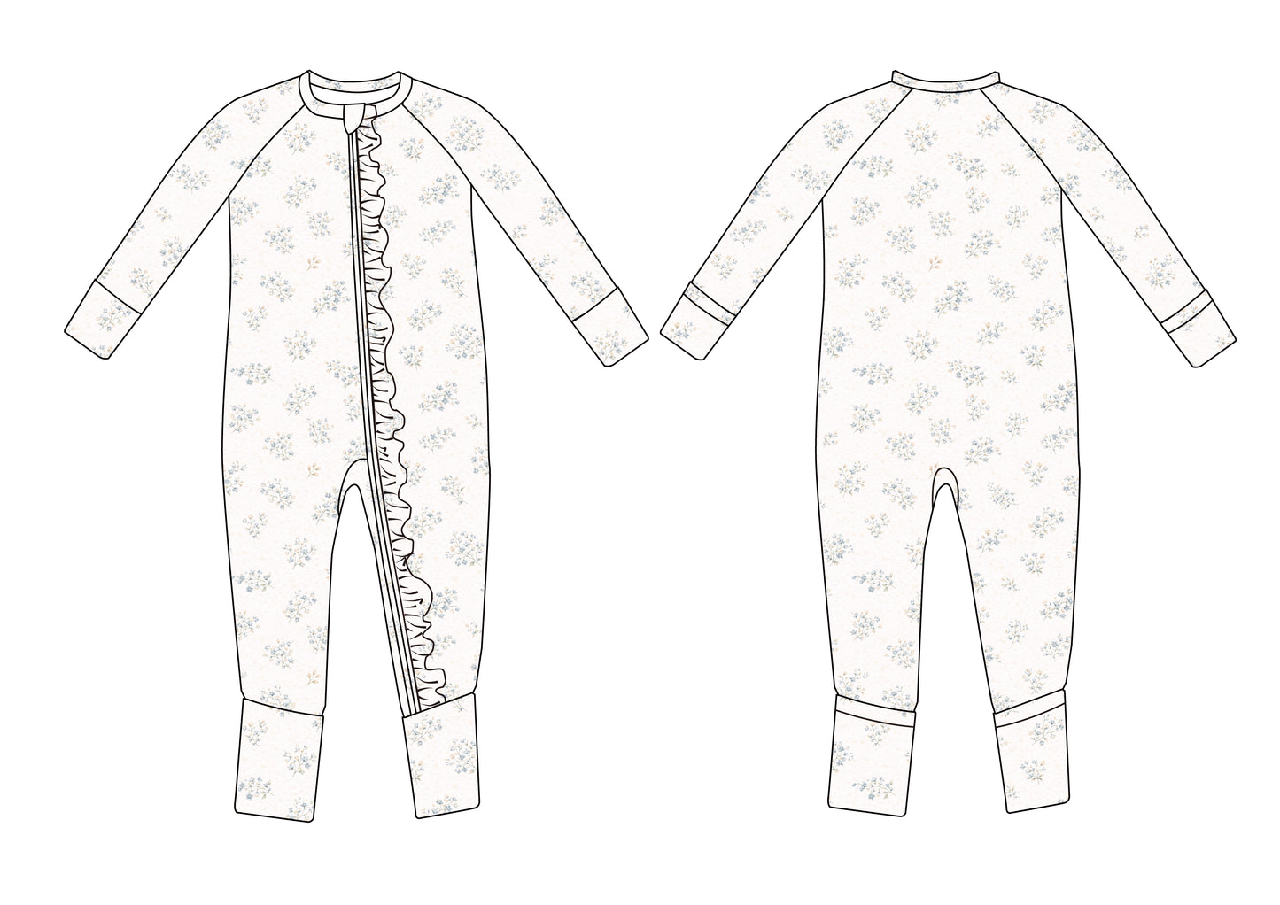 Ruffle Sleeper with Fold-over Cuffs- Vintage Meadow