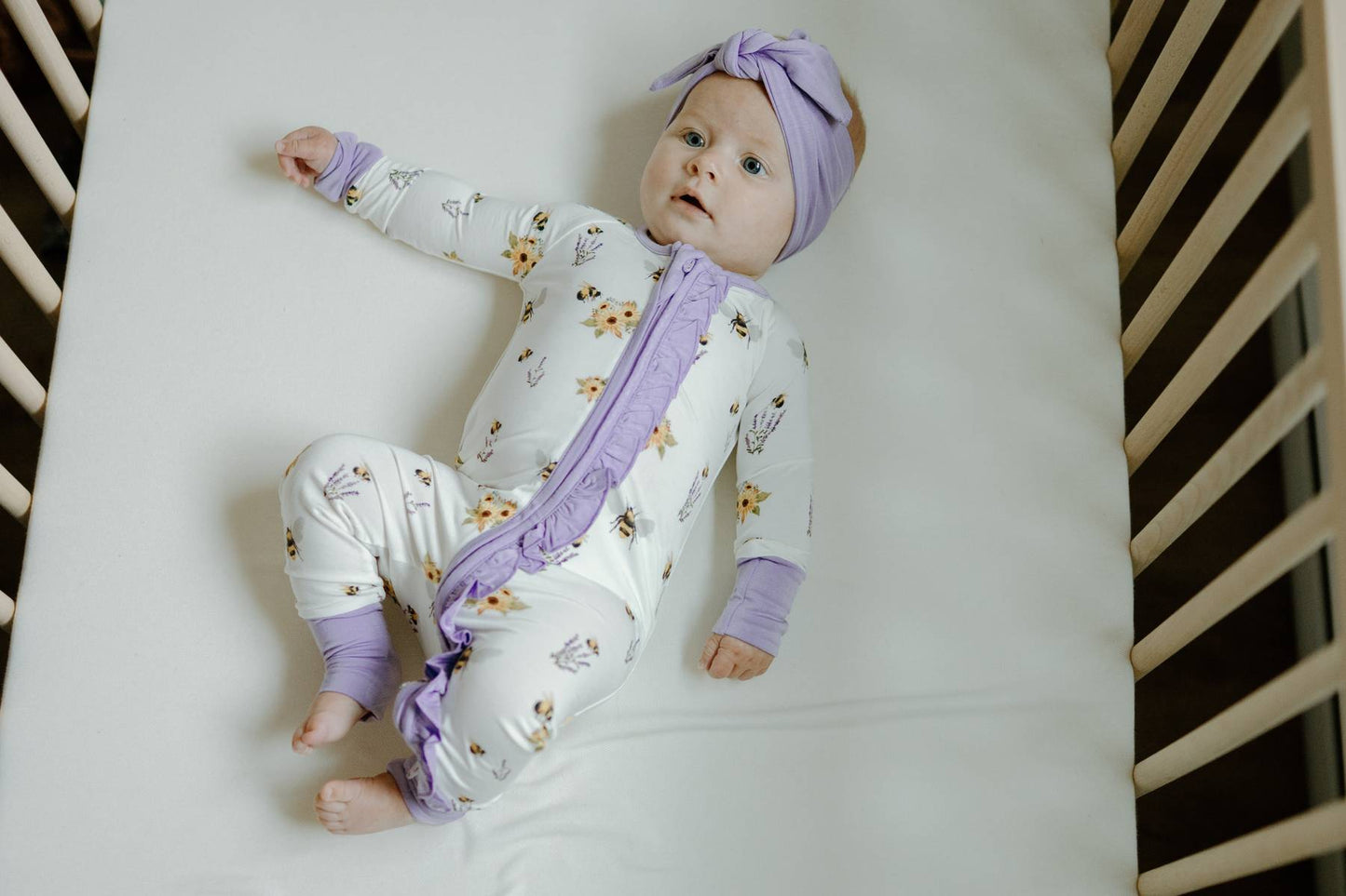 Ruffle Sleeper with Fold-over Cuffs- Spring Bee – PEAKS & VALLEYS BABY