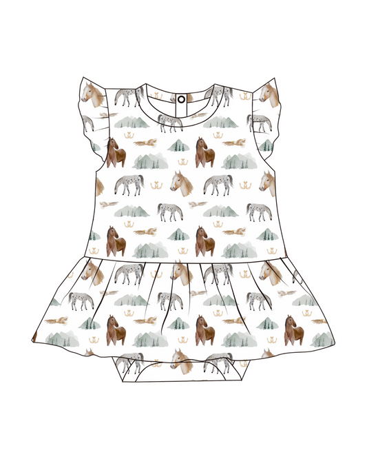 Ruffle Skirted Short Sleeve Onesie- Mountain Trails